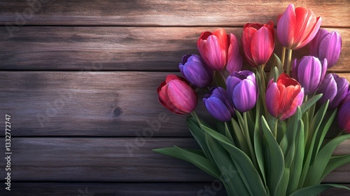 Tulip Flower Bouquet on Wood Background with Soft Lighting for Spring