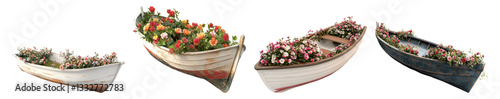 Decorated boats with vibrant flowers in bright light setting, Isolated on Transparent Background