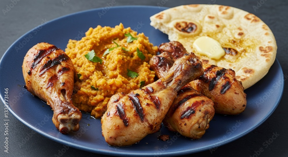 Grilled Chicken with Lentil Mash and Naan - Delicious grilled chicken drumsticks served with creamy lentil mash and warm naan bread. A flavorful and satisfying meal Grilled Chicken with Lentil Mash and Naan - Delicious grilled chicken drumsticks served with creamy lentil mash and warm naan bread. A flavorful and satisfying meal
