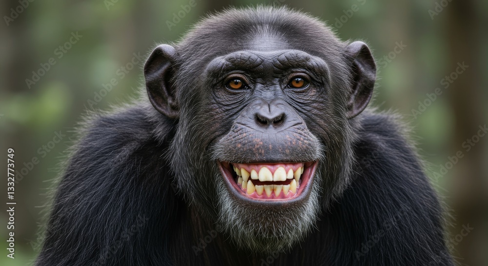 Happy Chimpanzee Portrait - Close-up of a smiling chimpanzee, showcasing its teeth and expressive face against a blurred green background Happy Chimpanzee Portrait - Close-up of a smiling chimpanzee, showcasing its teeth and expressive face against a blurred green background