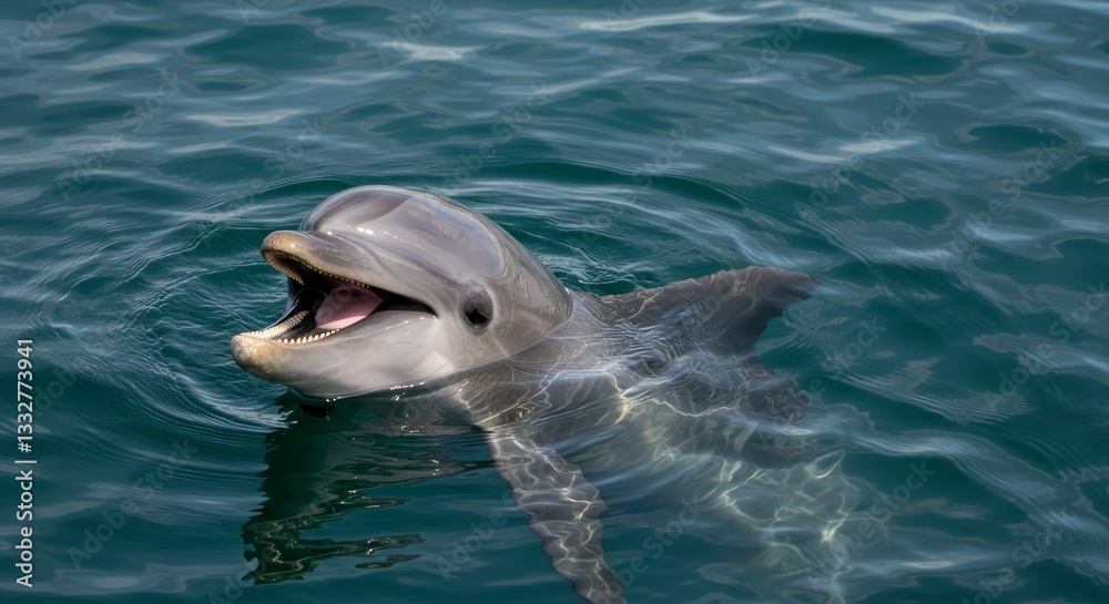 Fototapeta premium Happy Dolphin in Ocean Water - A playful dolphin smiles, its mouth open, in clear blue ocean water. A joyful marine mammal scene