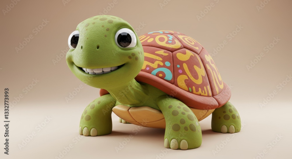 Fototapeta premium Happy Turtle - Smiling cartoon turtle, playful, cheerful, slow and steady, symbolizes patience, perseverance, and joy