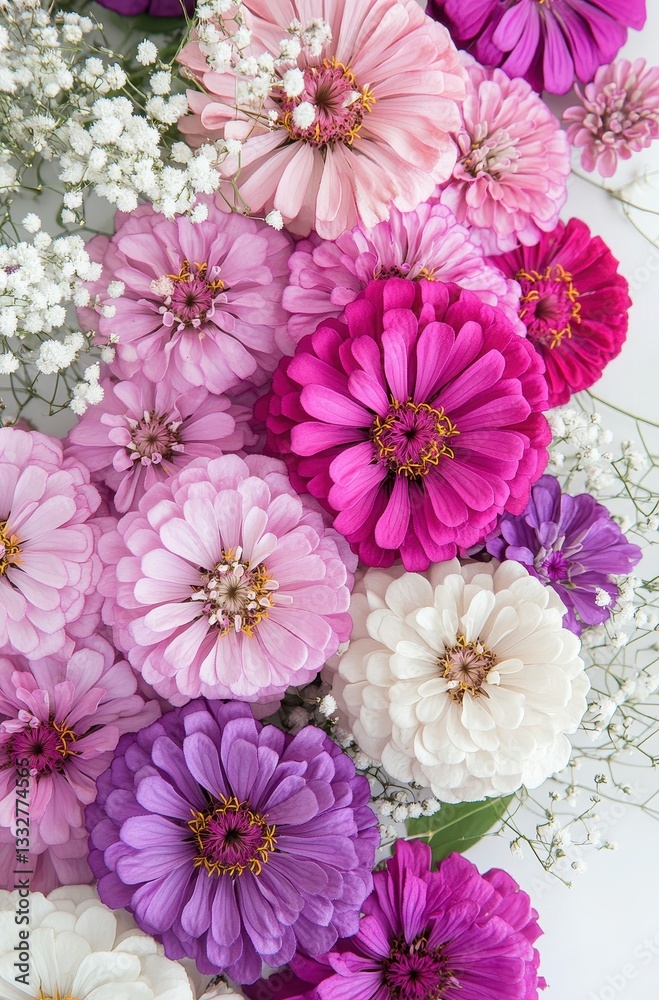 Fototapeta premium Vibrant Display of Colorful Flowers with Greens and Delicate Baby's Breath for Elegant Floral Arrangement and Decoration Ideas