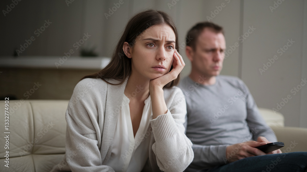 Woman with thoughtful expression, hand supporting her chin, sits on sofa beside man holding remote control, showcasing relationship conflict or disagreement Woman with thoughtful expression, hand supporting her chin, sits on sofa beside man holding remote control, showcasing relationship conflict or disagreement