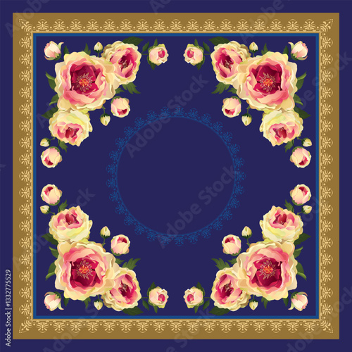 Golden baroque floral curl and pink roses, rococo ornament element. Natural gold scroll, leaves isolated on navy background. Vintage picture frame design