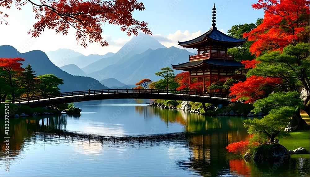 Obraz premium A serene landscape featuring a bridge spanning a tranquil body of water with majestic mountains looming in the background and a pagoda standing proudly on its banks.