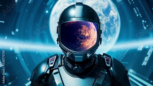 Futuristic Astronaut in Space Suit Exploring the Cosmos with Earth and Moon in Background. Concept of Space Exploration, Cosmic Adventure, Astronaut Journey, Galactic Discovery photo