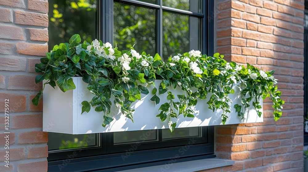 Fototapeta premium White window box overflowing with greenery and white flowers
