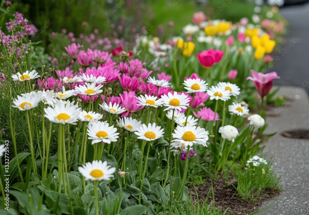 Fototapeta premium Vibrant Display of Colorful Spring Flowers in a Lush Garden Border with Tulips, Daisies, and Other Blossoms Blooming in a Sunny Landscape