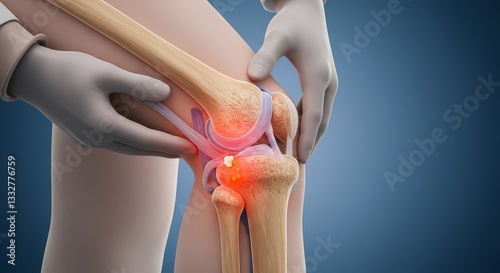 Medical Examination of Human Knee Joint - Detailed view of knee anatomy, highlighting joint structure, potential inflammation, and medical assessment. Symbolizing health, pain, diagnosis, treatment photo