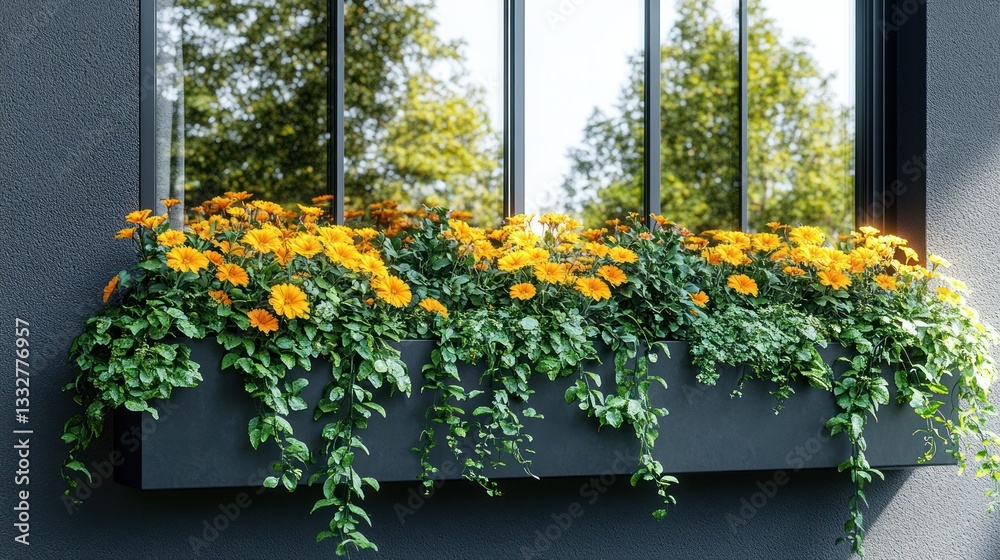 Naklejka premium Window box overflowing with vibrant yellow flowers, cascading greenery, and modern design
