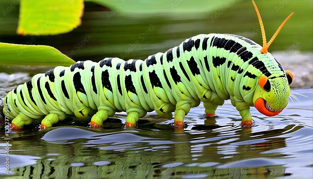 Naklejka premium a caterpillar drinking water from a pond.