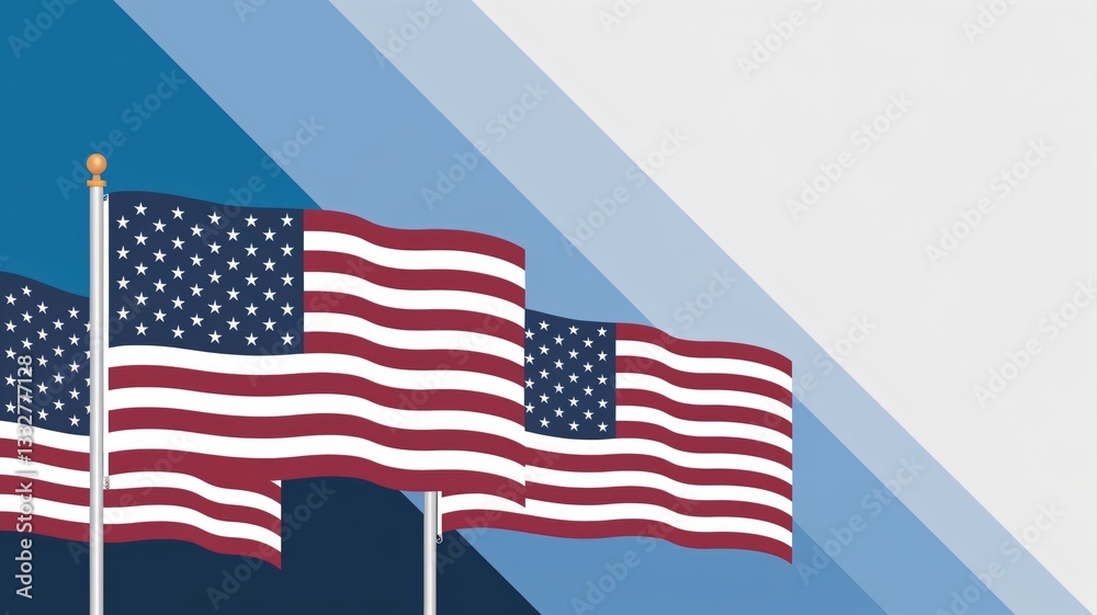 Obraz premium Three American flags waving in a modern graphic design with blue background
