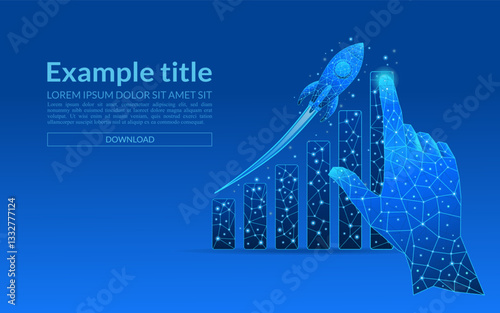 Abstract growth chart with launch rocket on electric blue low poly background. Startup and success business concept. Boost metaphor in light blue futuristic style