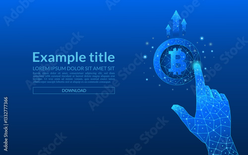 Bitcoin currency technology income increase concept. Abstract concept of coins in a hand and up arrows on blue background. Money coins in a hand. 