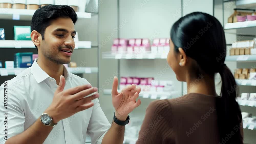 Friendly Consultant and Customer Conversing in Beauty Store with Product-Filled Shelves in Background. Concept of customer service, beauty retail, skincare advice, personal shopping. Beauty advisor Friendly Consultant and Customer Conversing in Beauty Store with Product-Filled Shelves in Background. Concept of customer service, beauty retail, skincare advice, personal shopping. Beauty advisor
