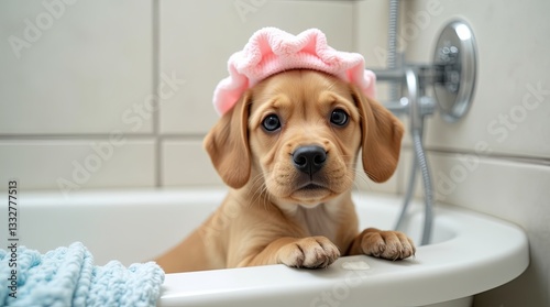 Cute puppy in a pink shower cap playing in a bathtub with a blue towel nearby during a fun bath time photo
