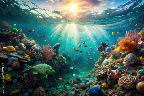 Wallpaper Mural Panoramic Underwater Scene: Sunlight, Ocean Plastic Pollution, Coral Reef Damage Torontodigital.ca