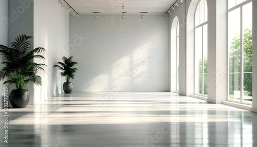 An empty art gallery with large arched windows and two potted plants.