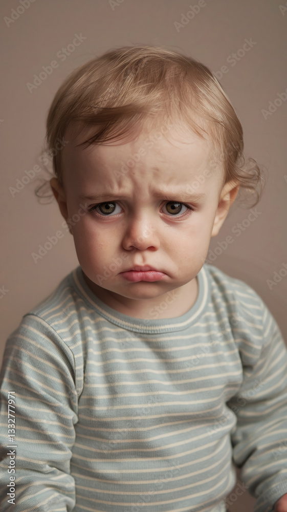 Close-up of toddler's face showing sadness, light blond hair, wearing light blue striped shirtNeutral background, showcasing child's emotion Close-up of toddler's face showing sadness, light blond hair, wearing light blue striped shirtNeutral background, showcasing child's emotion