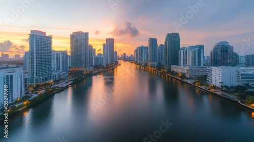 Aerial view of a modern city skyline at sunset or sunrise