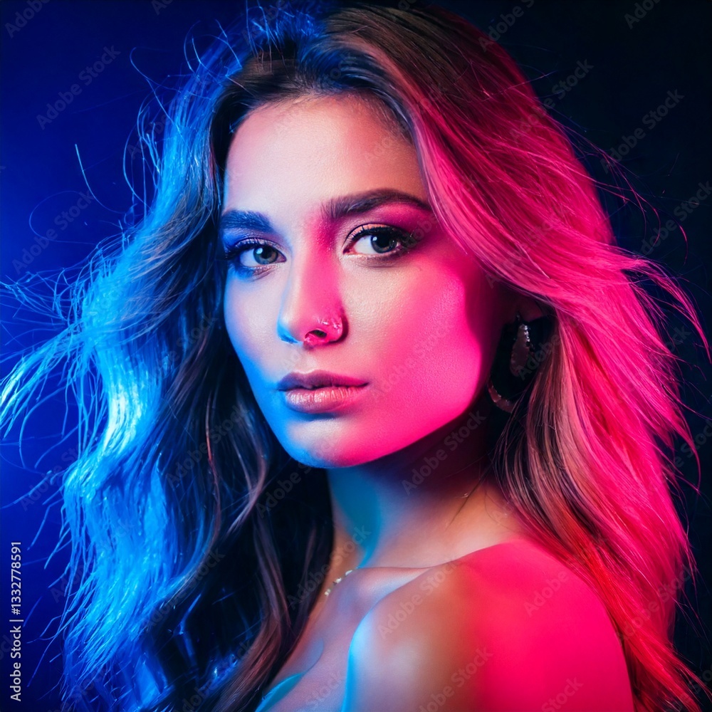 Fototapeta premium A stunning portrait of a beautiful woman with soft, natural makeup and flowing hair