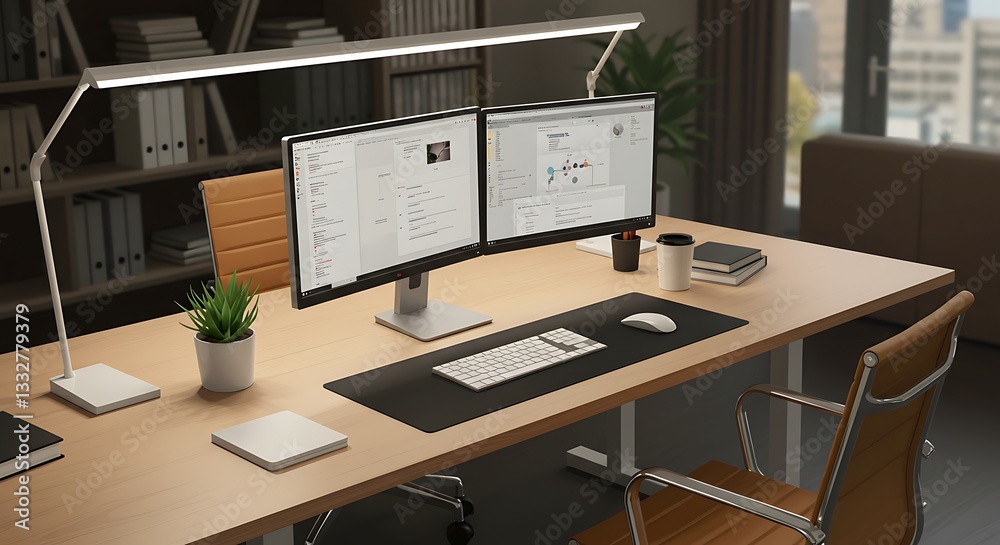 Modern Office Setup with Dual Monitors and Task Lighting Design Modern Office Setup with Dual Monitors and Task Lighting Design
