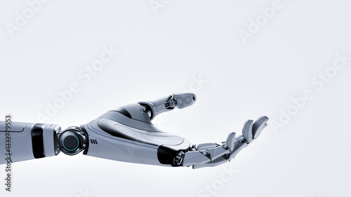 Cyborg Robot Hand with Open Palm and Artificial Intelligence (AI) on White Background. Copy Space Template