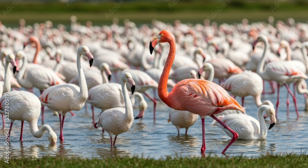Pink Flamingo Flock in Shallow Water - A vibrant pink flamingo stands out amongst a large flock of white and pink flamingos in shallow water Pink Flamingo Flock in Shallow Water - A vibrant pink flamingo stands out amongst a large flock of white and pink flamingos in shallow water