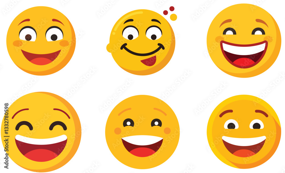 Collection of Happy Emojis Displaying Various Expressions.A set of six cheerful emoji faces, each with a different expression of happiness and laughter.