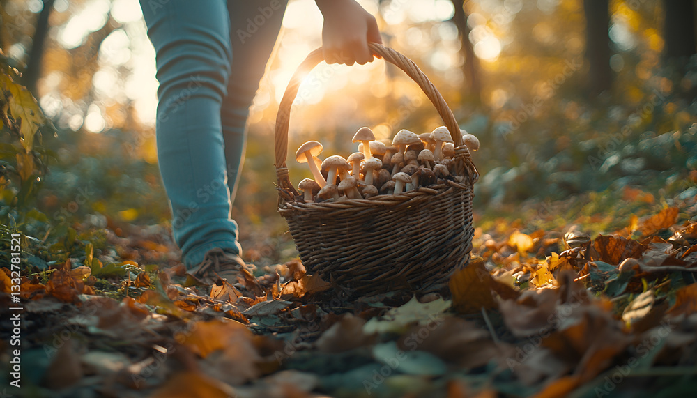 Obraz premium Woman with a basket full of mushrooms in a forest clearing. Concept of nature walk, mushroom foraging, outdoor leisure, autumn harvest