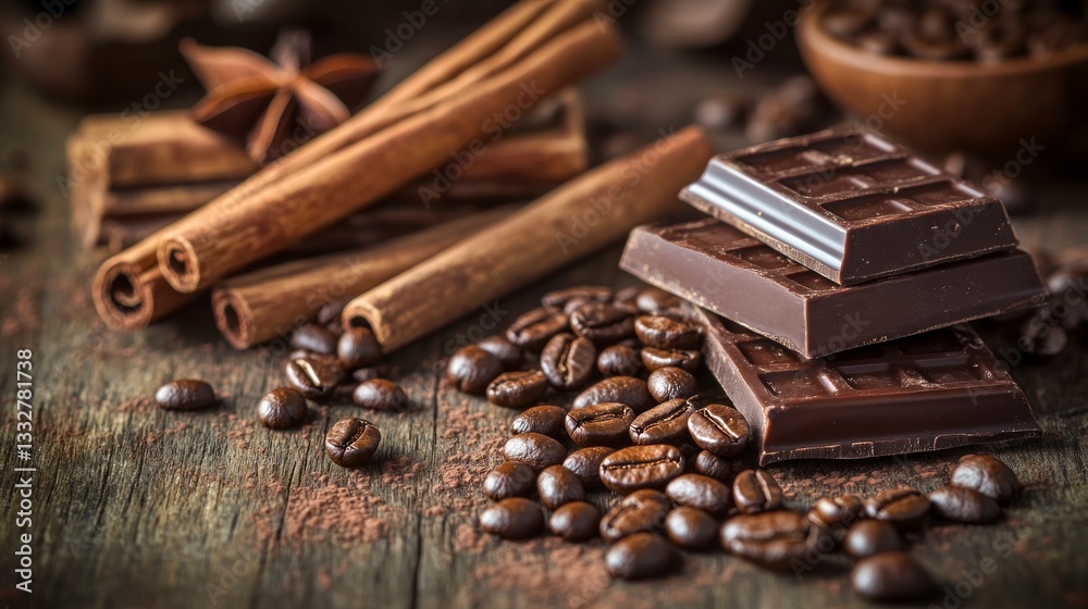 Chocolate Coffee Beans and Cinnamon Sticks on Rustic Wood Table Chocolate Coffee Beans and Cinnamon Sticks on Rustic Wood Table