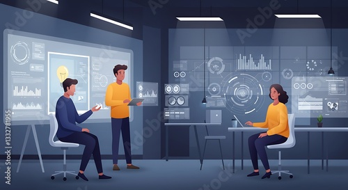 Team Collaborating Analyzing Data Graphs in Futuristic Office Space