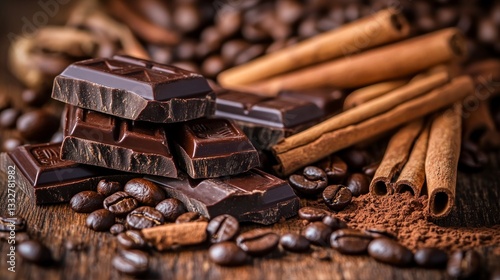 Dark Chocolate Pieces with Coffee Beans and Cinnamon Sticks Still Life
