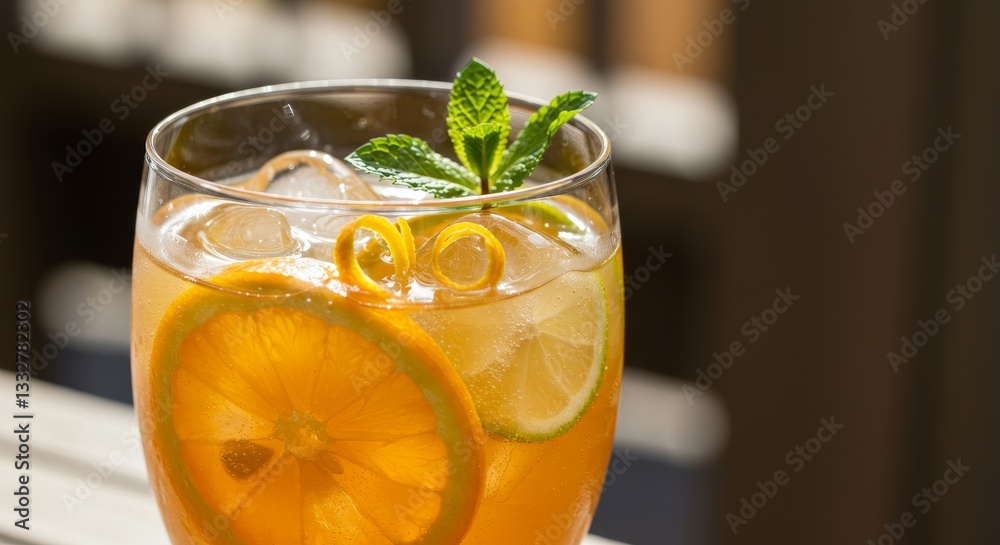Refreshing Citrus Iced Tea - Close-up of an iced tea beverage with orange and lime slices, mint garnish, and ice cubes in a glass Refreshing Citrus Iced Tea - Close-up of an iced tea beverage with orange and lime slices, mint garnish, and ice cubes in a glass