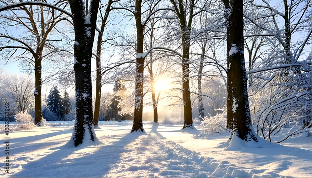 A serene winter landscape featuring snow-covered trees and a tranquil atmosphere. A serene winter landscape featuring snow-covered trees and a tranquil atmosphere.