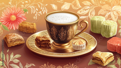 Lebanese coffee served with traditional sweets on decorative background  