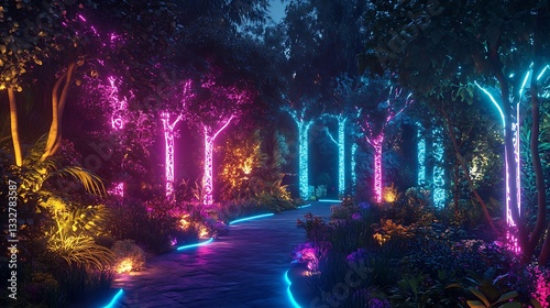 Illuminated digital garden blending nature and futuristic technology high resolution wallpaper