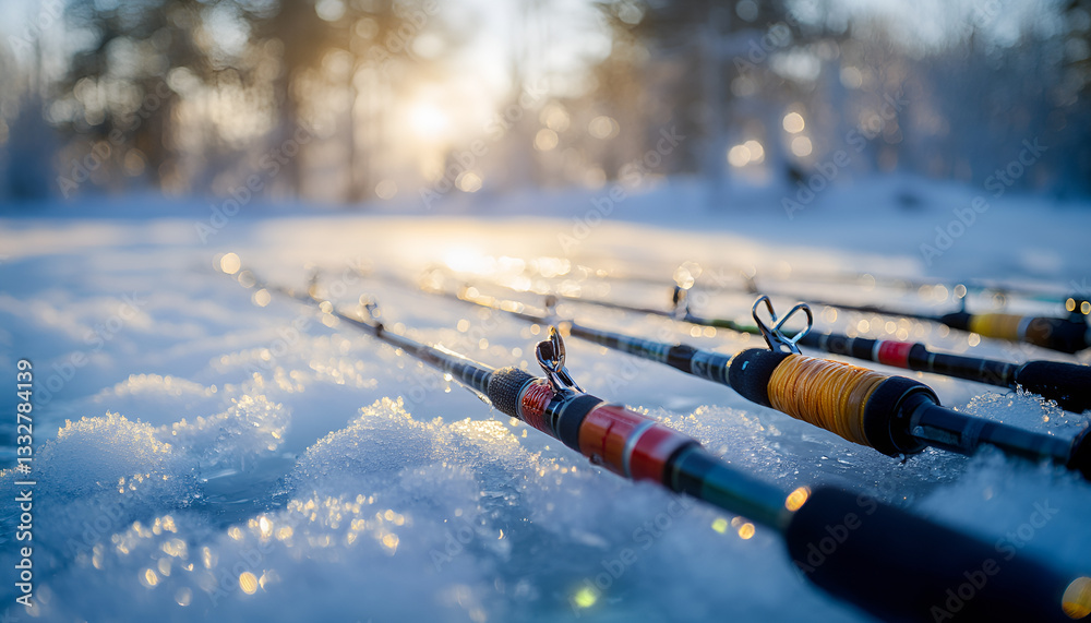 Close-Up of Colorful Ice Fishing Rods Arrayed on Snow with Blurred Cabin Background. Concept of Winter Sports, Outdoor Activity, Seasonal Recreation