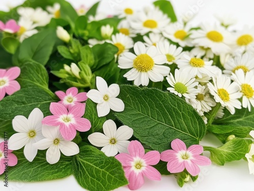 Vibrant Floral Arrangement Featuring Pink and White Flowers with Green Leaves Perfect for Backgrounds and Decorative Elements