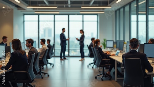 Modern open office space with professionals collaborating in a corporate environment