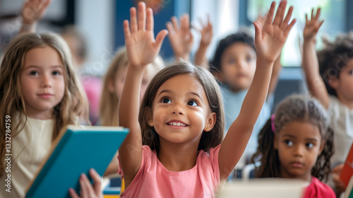 A lively classroom with children raising their hands enthusiastically, holding books, and eager to share what they’ve read