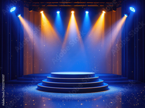 Stage, golden, blue spotlight, podium Background, backdrop for displaying products Illuminated blue stage Beams of spotlights, shimmering glittering particles, a spot of light