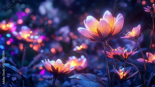 Futuristic garden with glowing electric flowers and neon lights high resolution wallpaper