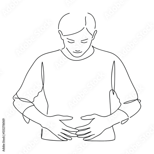 Stomach Ache Pain Line Art Drawing of Person Holding Abdomen