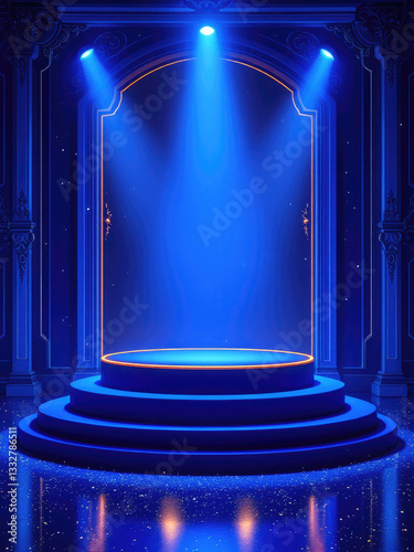 Stage, golden, blue spotlight, podium Background, backdrop for displaying products Illuminated blue stage Beams of spotlights, shimmering glittering particles, a spot of light