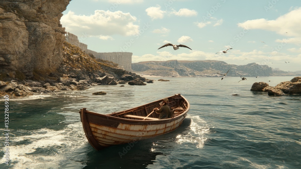 Coastal Fisherman Rows Boat, Cliffs Background Coastal Fisherman Rows Boat, Cliffs Background