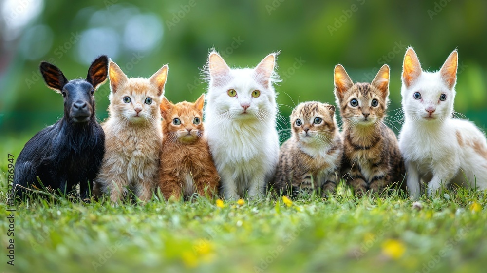 Obraz premium Adorable Kittens and a Kid Goat Posing Together in a Lush Green Garden