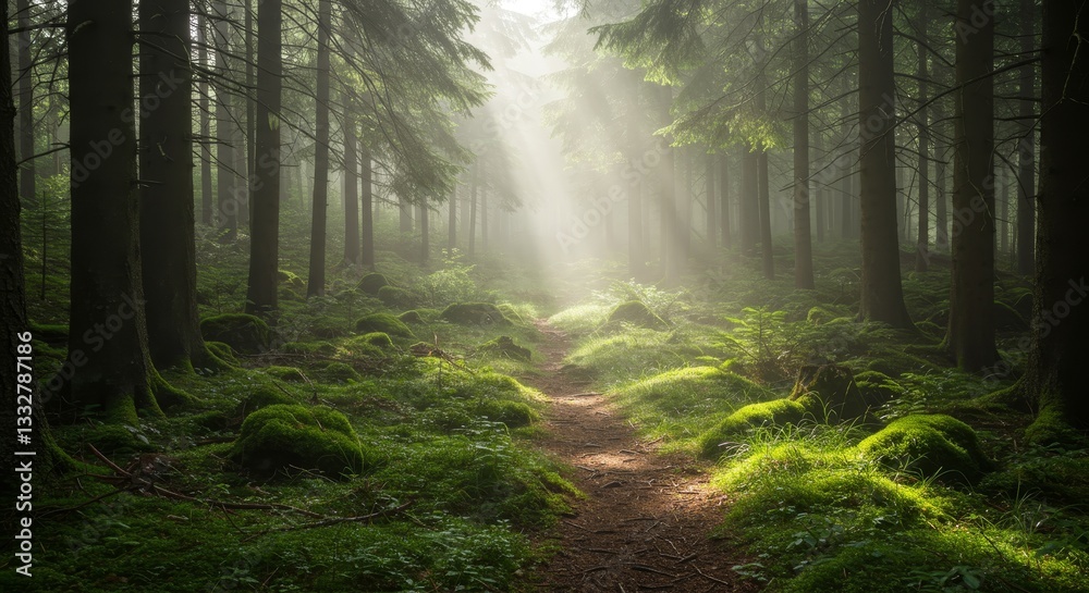Obraz premium Sunlit Forest Path - Serene sunbeams illuminate a moss-covered path winding through a mystical forest. Tranquil nature scene