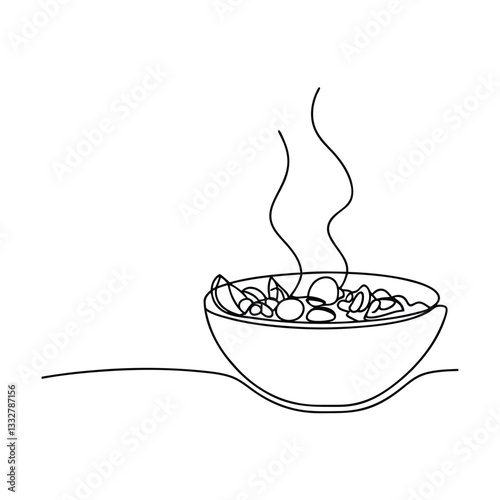 Steaming Hot Bowl of One Line Drawn Comfort Food